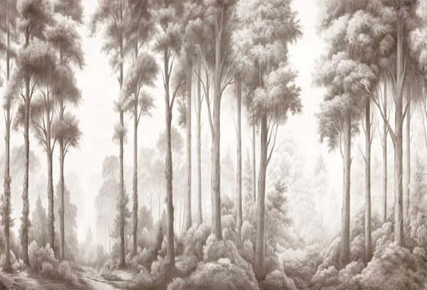 Papel tapiz mural con ilustración artística de bosque brumoso y árboles altos en tonos sepia y gris cálido.