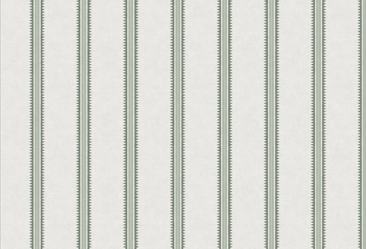 Papel tapiz con patrón de rayas verticales finas en verde salvia sobre fondo blanco crema