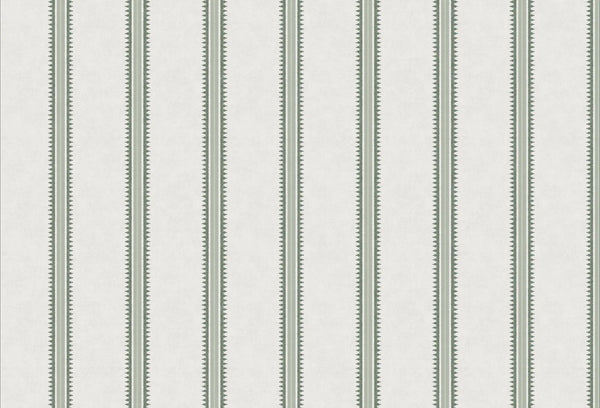 Papel tapiz con patrón de rayas verticales finas en verde salvia sobre fondo blanco crema