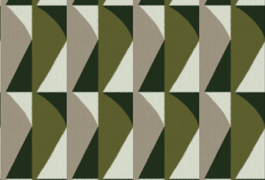 Papel tapiz geométrico con diseño de arcos y triángulos en tonos verde oliva y beige