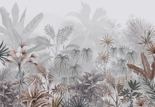 Papel tapiz mural con exuberante selva tropical y palmeras en tonos grises, beige y arena sobre fondo claro