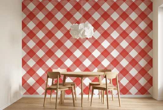 Papel tapiz Vichy Rojo instalado en un comedor luminoso