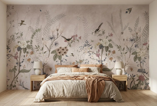 Papel tapiz Victoria instalado en un dormitorio sereno