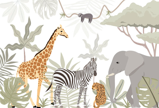 Papel tapiz infantil con ilustración de jirafa, elefante, cebra y perezoso en tonos neutros y verde salvia.