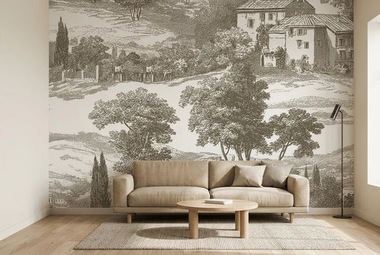 Papel tapiz Villa Toscana instalado en una sala de estar minimalista