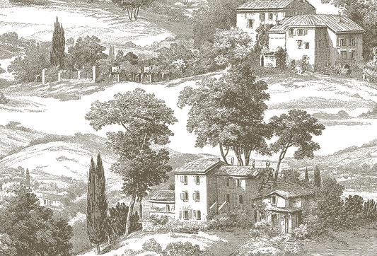 Papel tapiz estilo Toile de Jouy con grabado de paisaje campestre y villas en tono topo sobre fondo claro