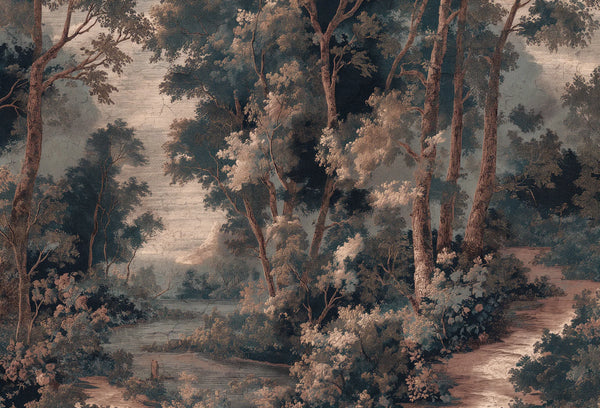 Papel tapiz mural con paisaje boscoso clásico al óleo en tonos verde petróleo y beige