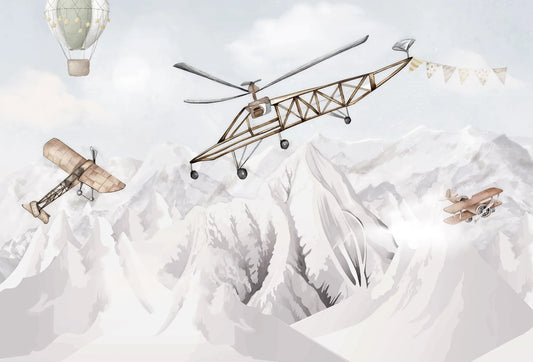 Papel tapiz infantil con avionetas vintage y helicóptero sobre montañas nevadas