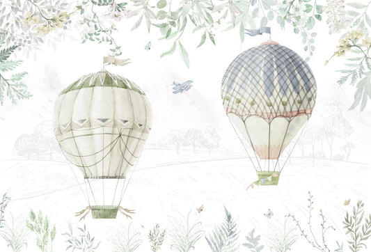 Papel tapiz mural infantil con globos aerostáticos vintage en tonos verde salvia y beige en acuarela