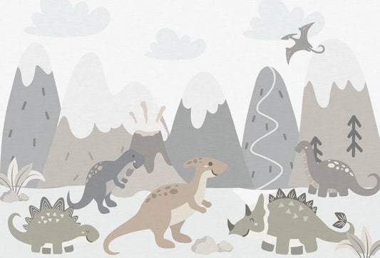 Papel tapiz mural infantil con simpáticos dinosaurios, montañas y volcán en tonos gris y beige neutro.