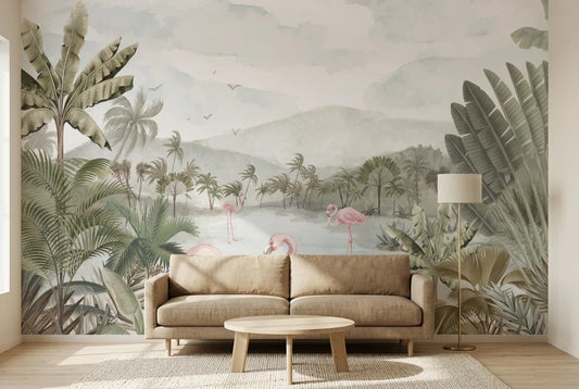 Papel tapiz Waikiki instalado en una sala de estar minimalista