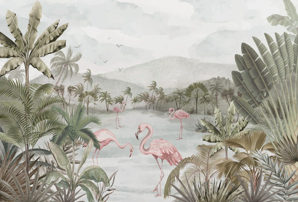 Papel tapiz mural estilo acuarela con flamencos rosados entre palmeras tropicales en tonos verdes