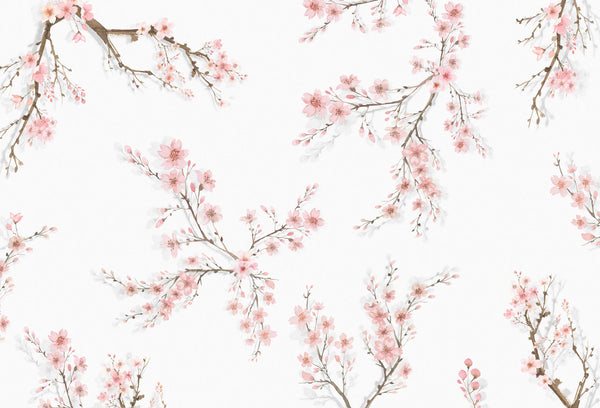 Papel tapiz con delicadas ramas de cerezo y flores rosas en acuarela sobre fondo blanco