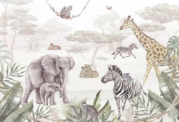 Papel tapiz mural infantil estilo acuarela con animales de safari en tonos beige y gris sobre fondo claro.