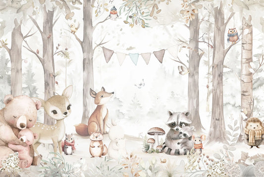 Papel tapiz infantil con animales del bosque ilustrados en acuarela en suaves tonos neutros, beige y gris.