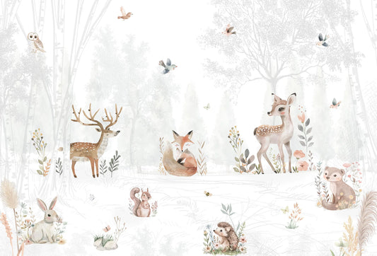 Papel tapiz mural infantil con animales del bosque como ciervo, zorro y conejo en acuarela beige y gris.
