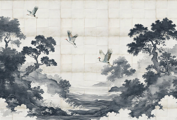Papel tapiz mural con paisaje oriental de montañas, pinos, aguas y grullas en vuelo sobre fondo texturado marfil y gris.