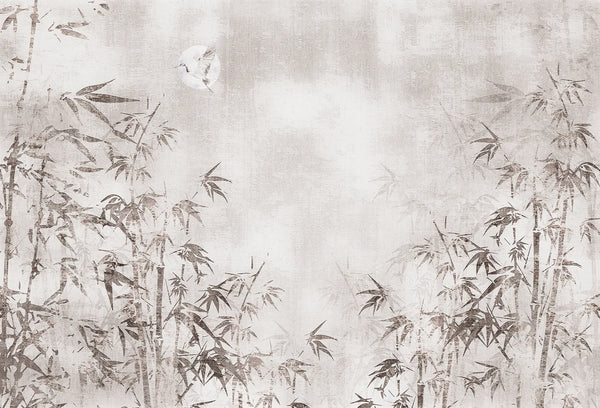 Papel tapiz mural con diseño de bosque de bambú oriental en tonos gris cálido y fondo texturizado con luna.
