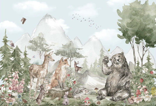 Papel tapiz mural infantil con oso, ciervo y animales del bosque en acuarela