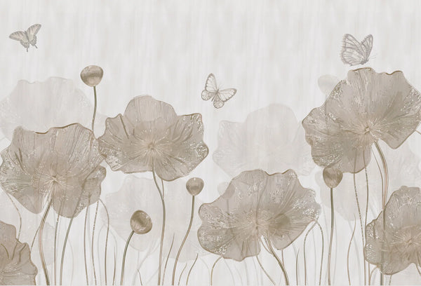 Papel tapiz mural botánico con flores de amapola traslúcidas y mariposas en tonos beige