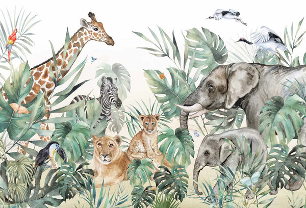 Papel tapiz mural infantil con elefantes, jirafa y leones en acuarela sobre hojas verdes