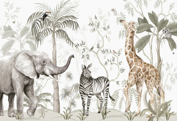 Papel tapiz mural safari infantil con elefante, jirafa y cebra en tonos neutros y beige
