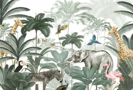 Papel tapiz mural estilo safari con elefante, jirafas, cebra y aves entre palmeras verdes sobre fondo claro.