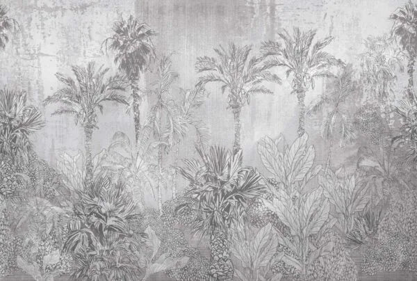 Papel tapiz mural con paisaje tropical de palmeras y vegetación en tonos grises y fondo texturizado.
